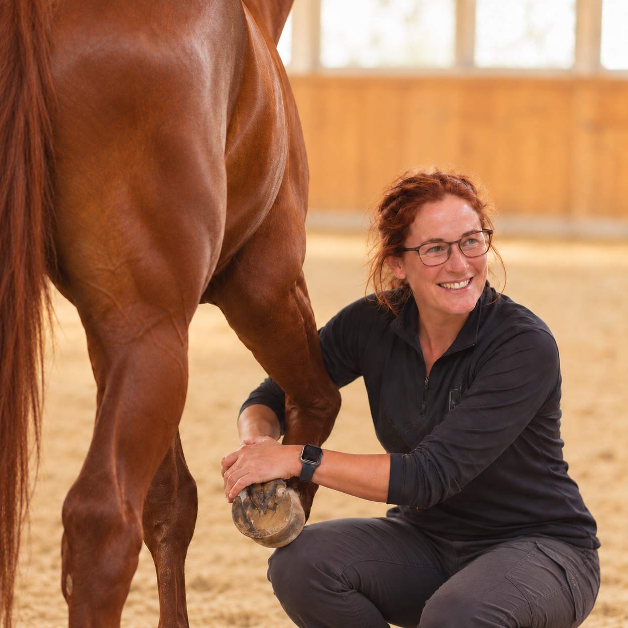 Illustration of a red-haired veterinarian wearing glasses examining a chestnut horse’s hoof.